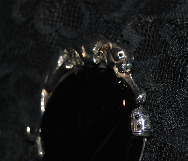 Marcasite Studded Vintage Sterling Silver Big Wild Cat Panther atop a Large Polished Cabochon Onyx Brooch Pin Pendant Combo #BKB-KBRCH306