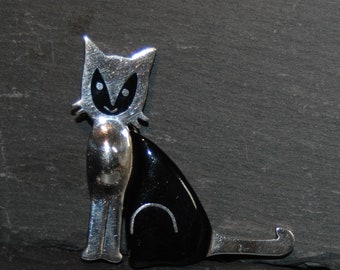 Vintage Sterling Silver Masked Kitty Cat Feline Big Black Cut and Polished Onyx Heavy Brooch ##BKB-KBRCH309