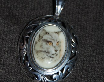 Jezlaine Vintage Sterling Feline Tabby Silver Kitty Cat Cameo Art Noveau Pendant #BKC-KCHRM251