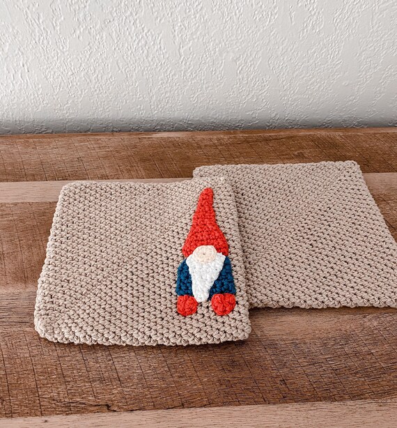 Crochet Cotton Gnome Potholders Whimsical Kitchen Decor Set Etsy