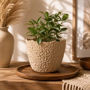 May include: A small green plant with oval leaves potted in a beige, textured ceramic planter with a rough, uneven rim. The planter sits on a circular wooden tray, showcasing a distinct tactile surface pattern of small, raised, irregular marks.