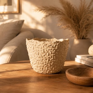 Pode incluir: Um vaso de cerâmica bege texturizado com uma superfície áspera e irregular. O vaso tem uma borda ondulada e está sobre uma mesa de madeira. Uma pequena tigela de madeira está em primeiro plano, e um vaso com plantas secas ao fundo.
