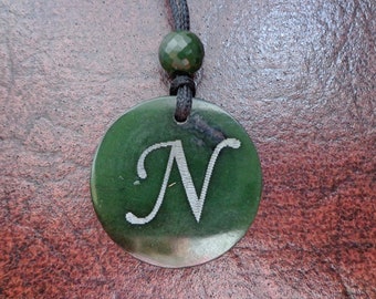 Nephrite jade sparkle faceted bead and N capital pendant. S75