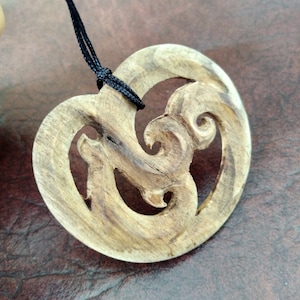 NZ pine wood Maori Koru family heart  pendant. W101