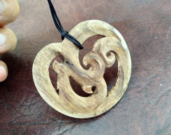 NZ pine wood Maori Koru family heart  pendant. W101