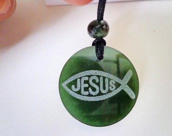 Nephrite jade sparkle faceted bead and Jesus in fish  pendant  . S39