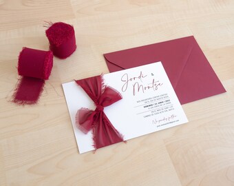 Rustic wedding invitations, boho chic wedding invitations, frayed ribbon invitation, minimalist invitations, maroon invitation