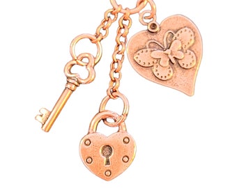 Heart Lock & Key Copper cluster charm necklace