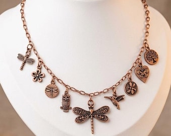 Boho Nature Multi Charm Link Necklace, Antique Copper- 20 inch