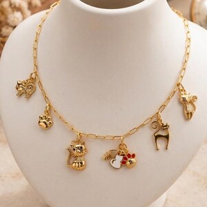 Feline Persuasion Multi Charm Link Necklace, Gold- 20 inch - - LadybugfeetDesigns -
