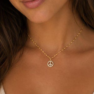 Sparkly Peace Sign necklace, Gold- 20 inch - - LadybugfeetDesigns -