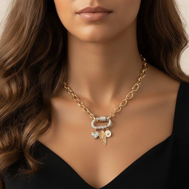 Dragonfly/Fairy Wing, Heart Carabiner Necklace, Gold - Adjusts up to 20 inches - - LadybugfeetDesigns -