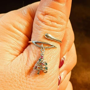 Christmas Tree Charm Dangle Wrap Ring - - LadybugfeetDesigns -