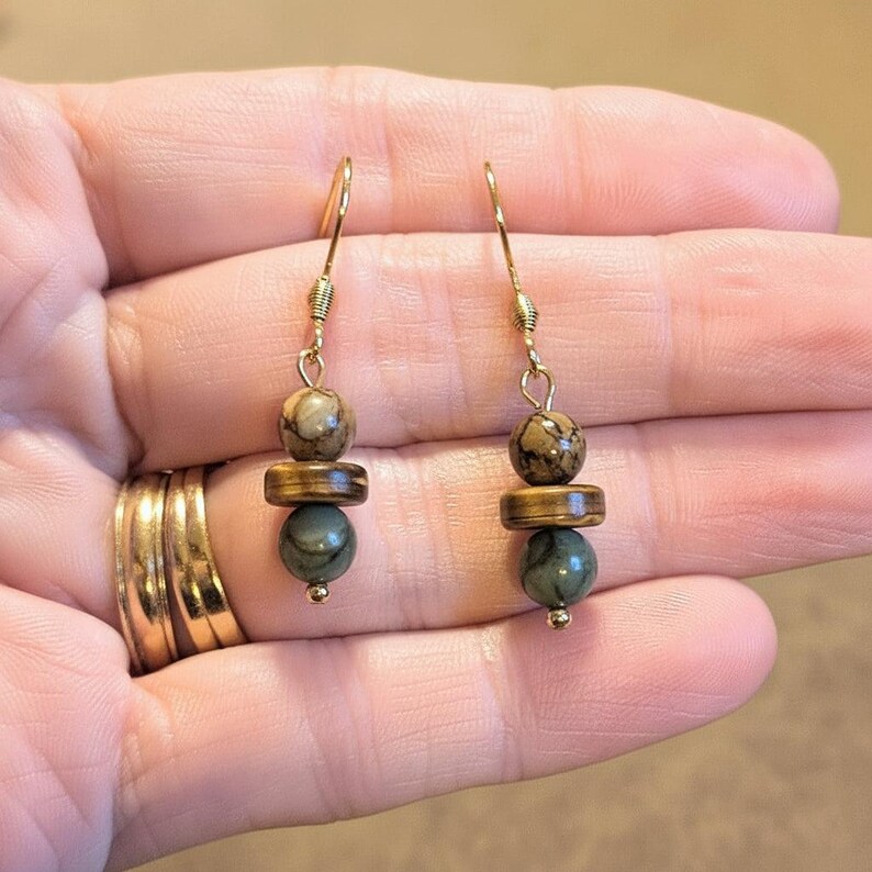 Red Creek Jasper Beaded Hook Earrings, Gold - - LadybugfeetDesigns -