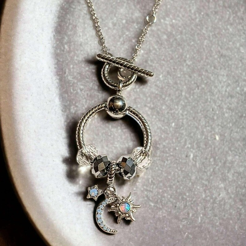 Moon Sun Star Sterling Silver Toggle Charm Necklace, 20 inches - - LadybugfeetDesigns -