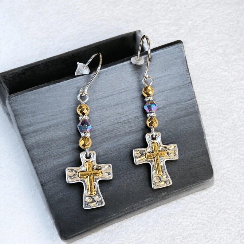 Two-Tone Cross Beaded Earrings - - LadybugfeetDesigns -