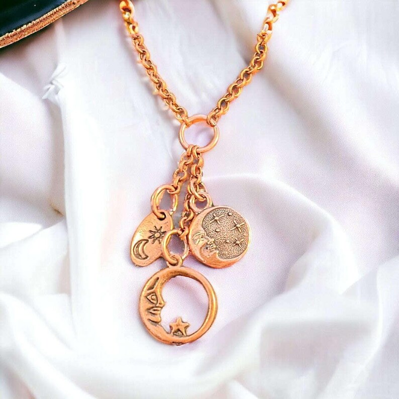 Crescent Moon Copper Charm Keeper Necklace, 18-24 inch - - LadybugfeetDesigns -