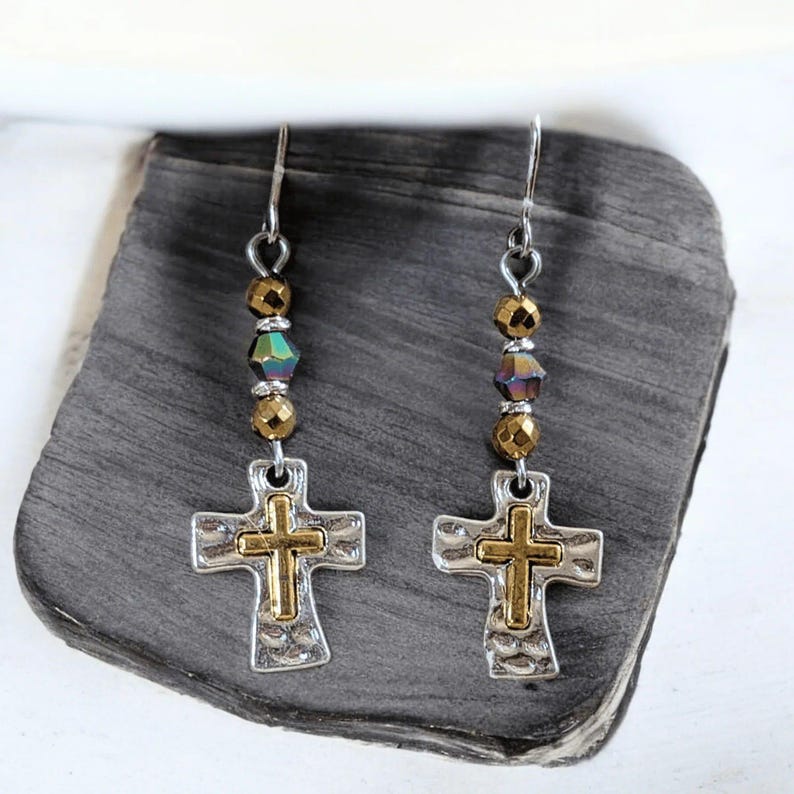 Two-Tone Cross Beaded Earrings - - LadybugfeetDesigns -
