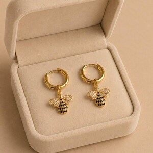 CZ Honeybee Hoop earrings, Gold -12mm - - LadybugfeetDesigns -