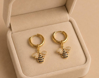 CZ Honeybee Hoop earrings, Gold -12mm