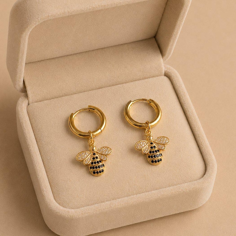 CZ Honeybee Hoop earrings, Gold -12mm - - LadybugfeetDesigns -