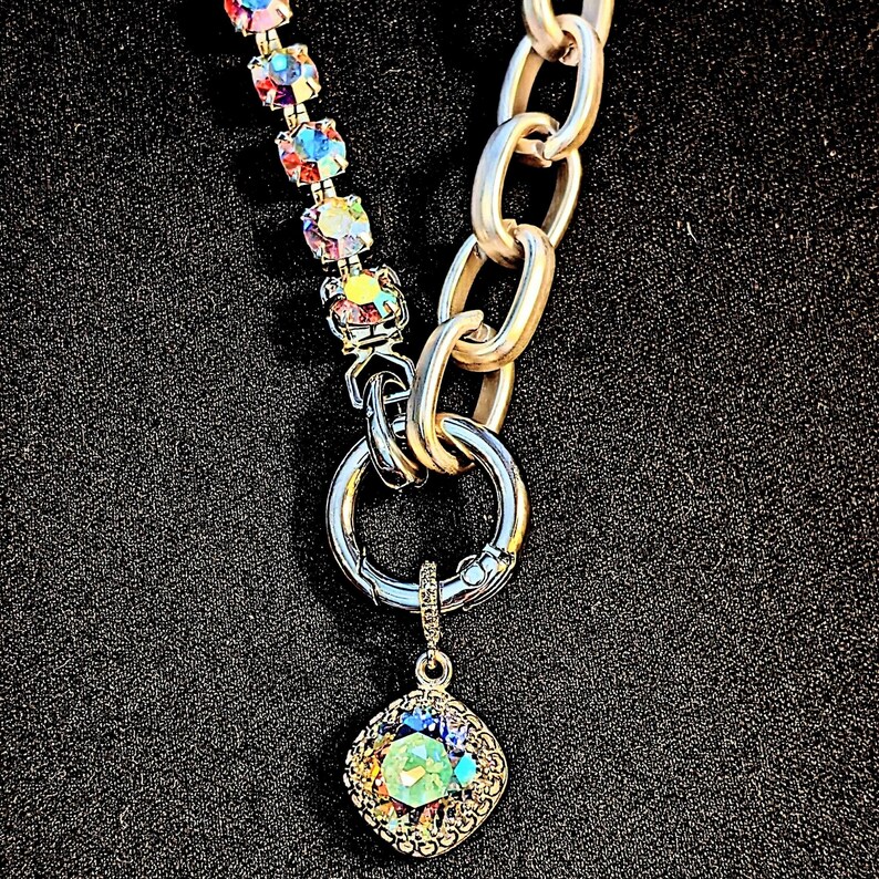 Crystal & Silver Snap Ring Necklace, Matte Silver - 22 inch - - LadybugfeetDesigns -