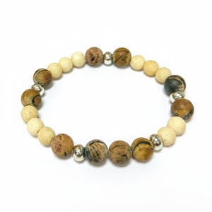 Cream Lava and Wood Bead Unisex Stretch bracelet - - LadybugfeetDesigns -