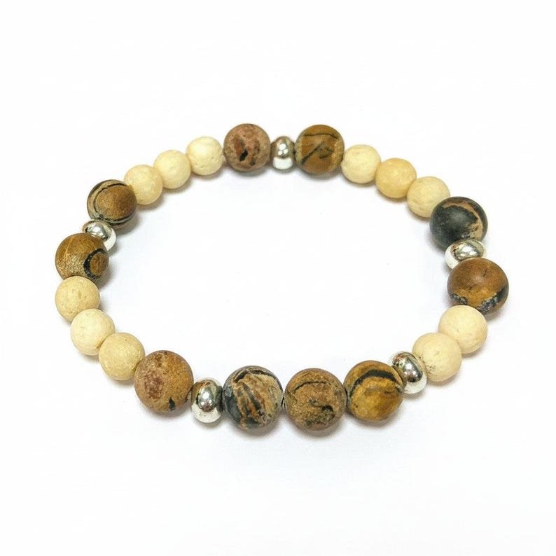 Cream Lava and Wood Bead Unisex Stretch bracelet - - LadybugfeetDesigns -