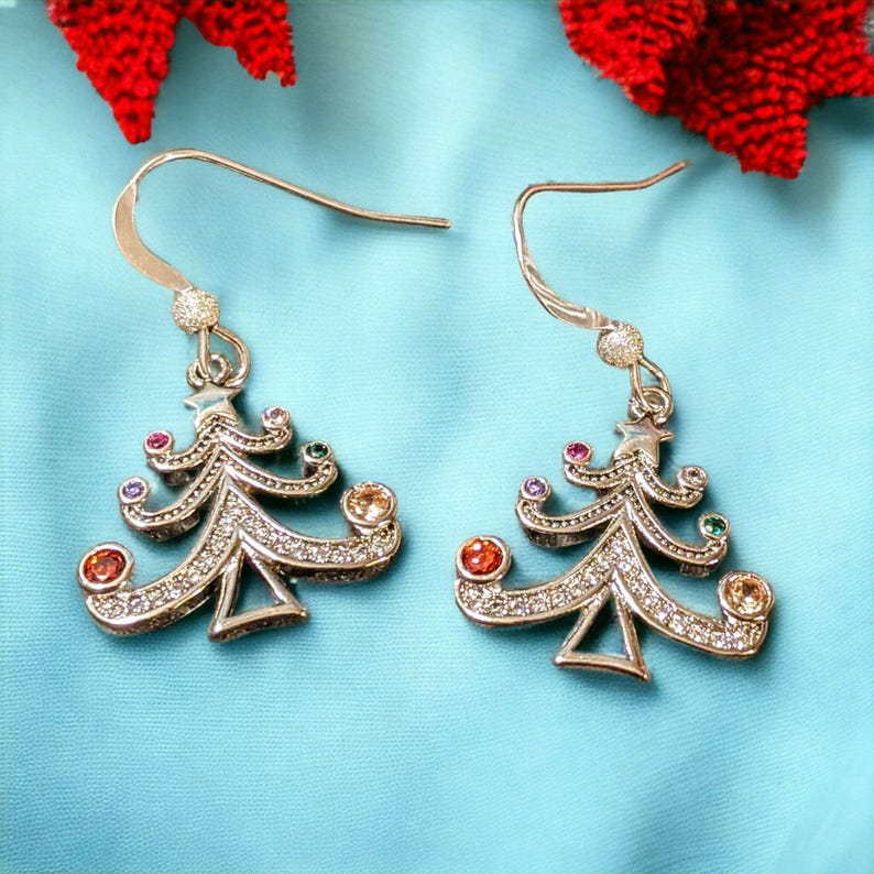 Rhinestone Christmas Tree dangle earrings - - LadybugfeetDesigns -