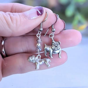 Mismatched English Bulldog crystal hook earrings - - LadybugfeetDesigns -