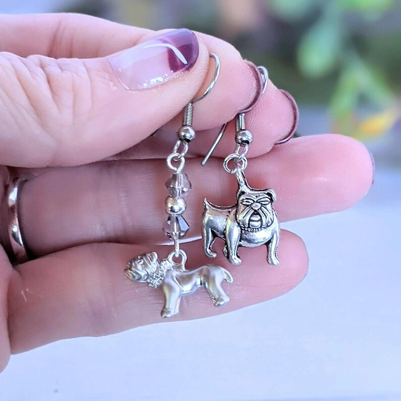Mismatched English Bulldog crystal hook earrings - - LadybugfeetDesigns -