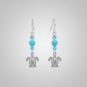 Sea Turtle Larimar Beaded Hook Earrings, Silver - - LadybugfeetDesigns -
