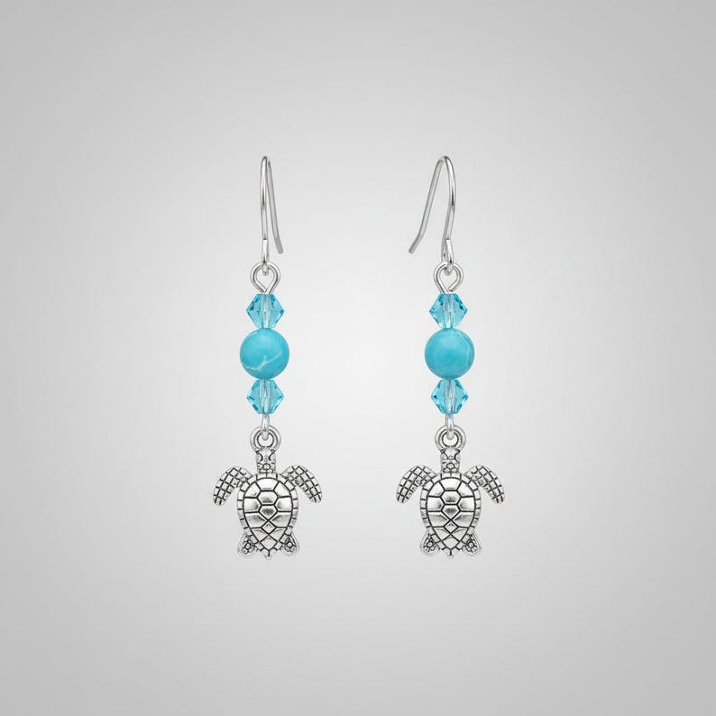 Sea Turtle Larimar Beaded Hook Earrings, Silver - - LadybugfeetDesigns -