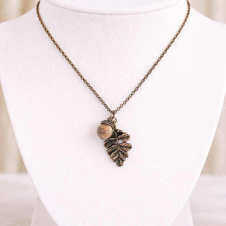 Acorn Oak Leaf Necklace, Antique Copper - - LadybugfeetDesigns -