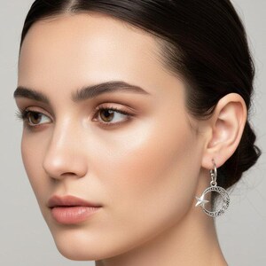 Fancy Crescent Moon Star Hoop Earrings, Silver - 16mm - - LadybugfeetDesigns -