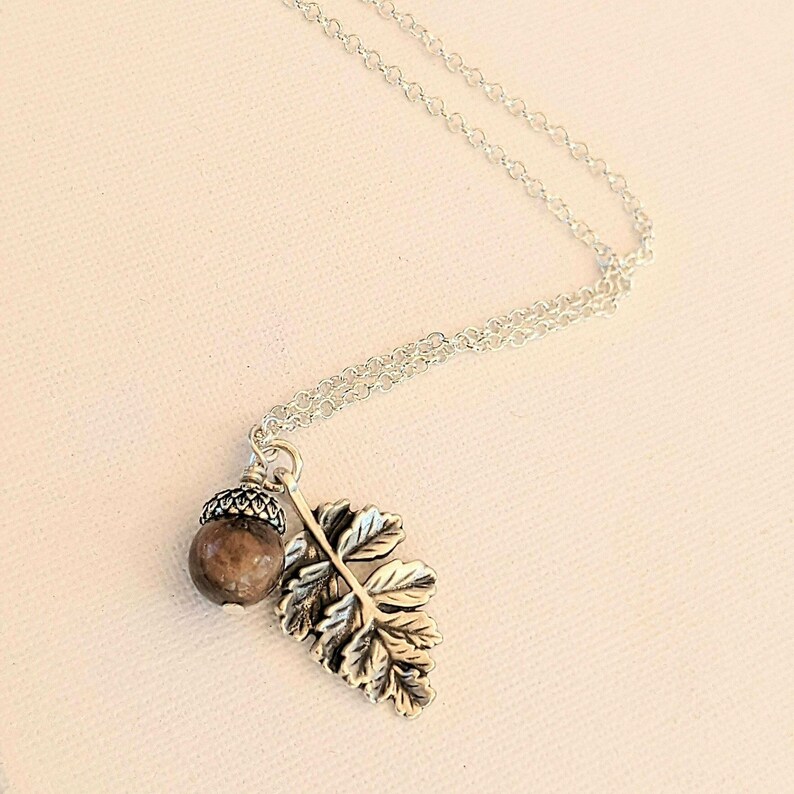 Acorn Oak Leaf Necklace, Silver - - LadybugfeetDesigns -