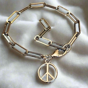 Peace Sign Gunmetal Paperclip Chain Bracelet