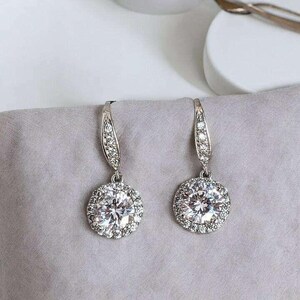 CZ Diamond Halo Earrings-APRIL Birthstone-Wedding Jewelry - - LadybugfeetDesigns -