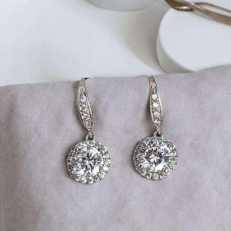 CZ Diamond Halo Earrings-APRIL Birthstone-Wedding Jewelry - - LadybugfeetDesigns -