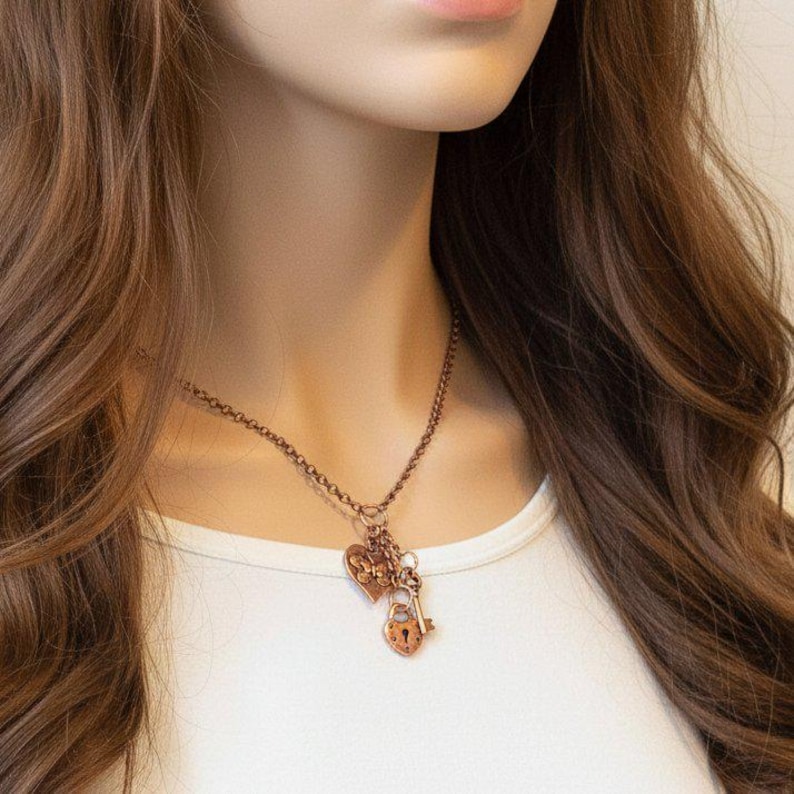 Heart Lock & Key Copper Charm Keeper Necklace, 18-24 inch - - LadybugfeetDesigns -