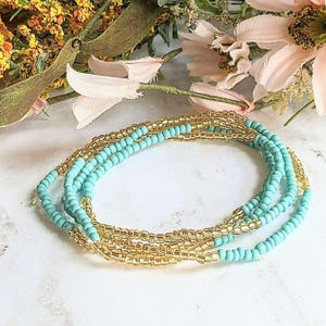 Beaded Stretch Cord Anklet-Turquoise Champagne - - LadybugfeetDesigns -