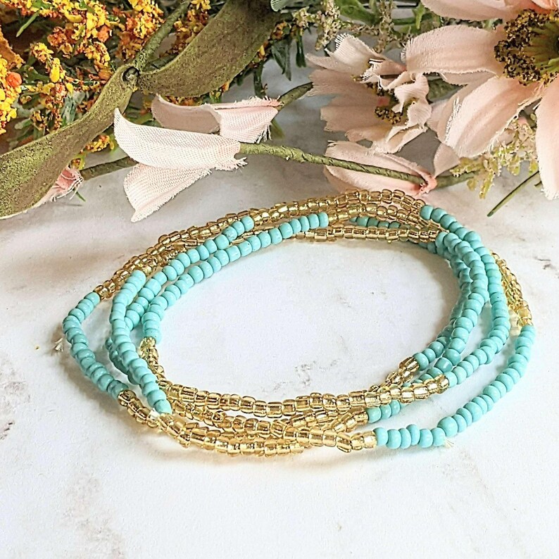 Beaded Stretch Cord Anklet-Turquoise Champagne - - LadybugfeetDesigns -