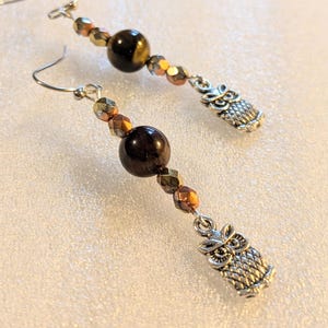 Owl Tiger's Eye Beaded Hook Earrings, Silver - - LadybugfeetDesigns -