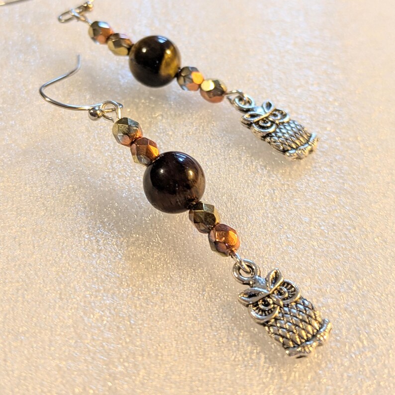 Owl Tiger's Eye Beaded Hook Earrings, Silver - - LadybugfeetDesigns -