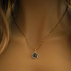 Sparkly Black Rose necklace, Gold- 20 inch - - LadybugfeetDesigns -