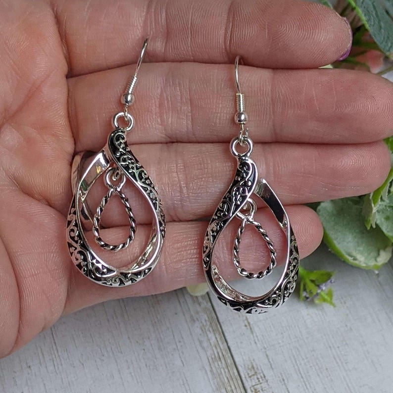 Double Tear Drop Ornate Dangle Earrings - - LadybugfeetDesigns -