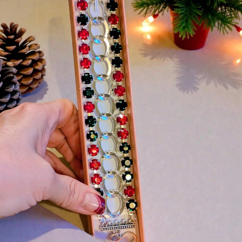 Red and Deep Green Multi Faceted Crystal Bracelet-Large 8 inch - - LadybugfeetDesigns -
