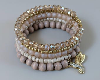 Hummingbird Crystal Beaded Gold Wrap Bracelet