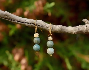 Fancy Jasper Beaded Hook Earrings, Gold