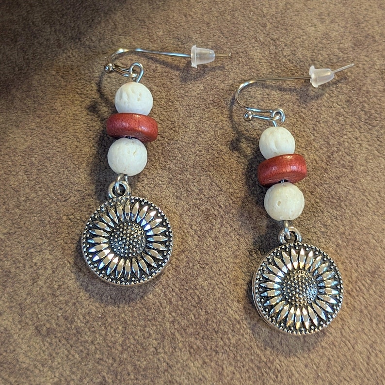 Large Sunflower Beaded Hook Earrings, Silver - - LadybugfeetDesigns -